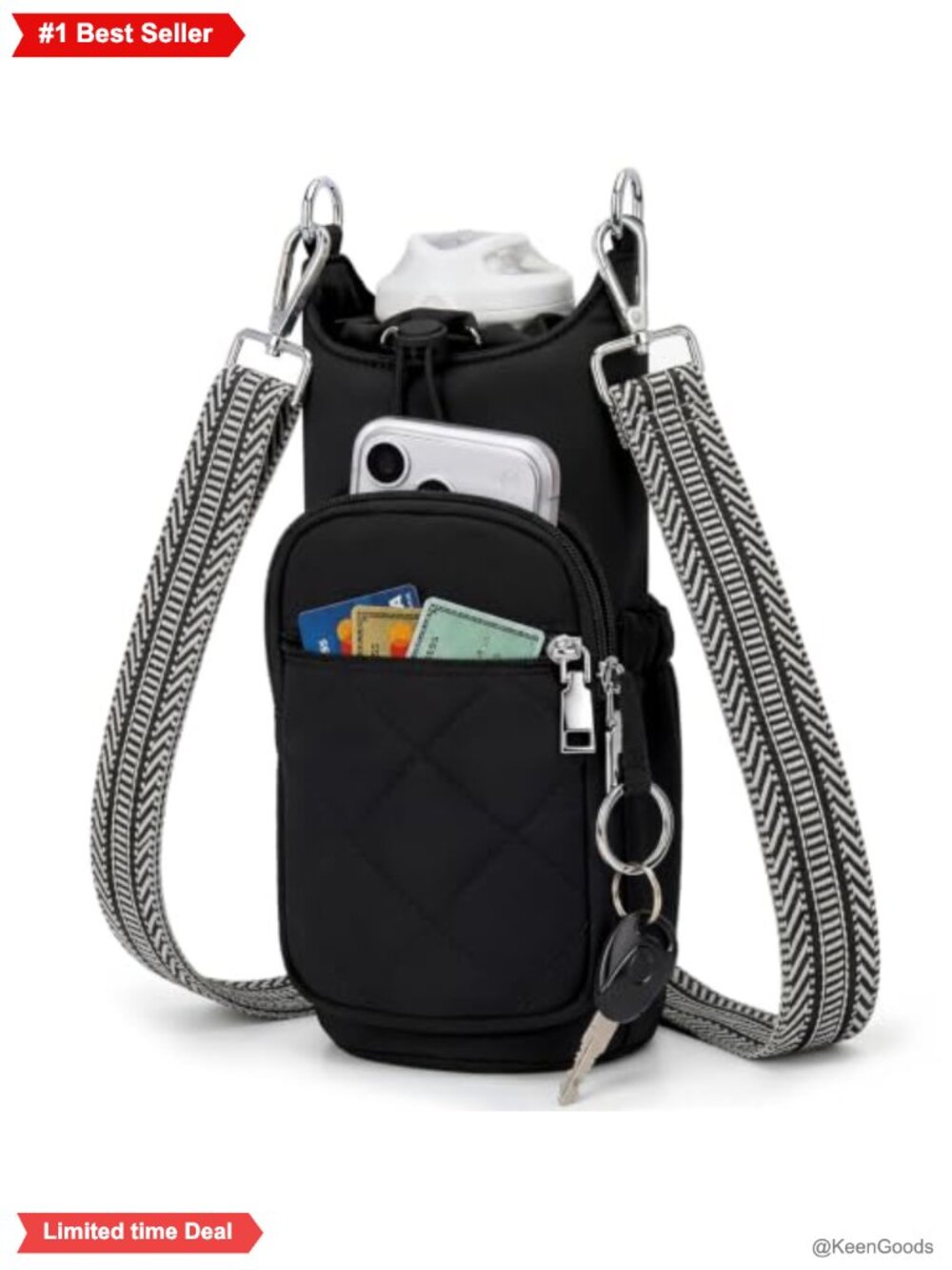 Crossbody Water Bottle Bag Hands-Free Insulated RFID Water-Resistant Nylon